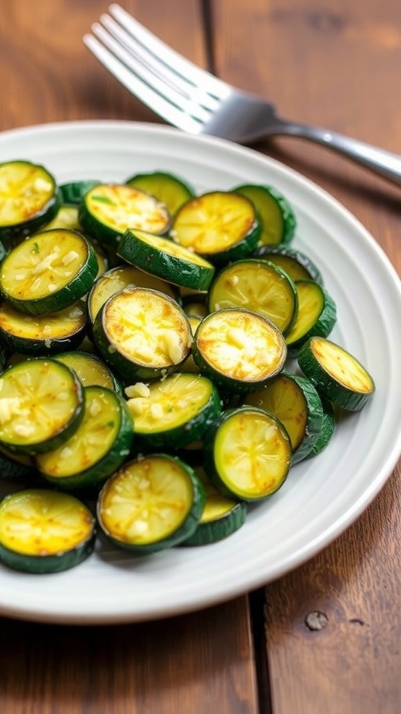 Sautéed zucchini with garlic butter and Parmesan cheese on a rustic table.